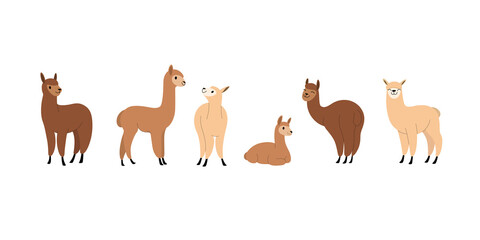 Seamless trendy pattern with style cartoon alpaca in various poses. Flat design print in beige and brown color. - obrazy, fototapety, plakaty