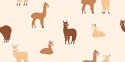 Seamless trendy pattern with style cartoon alpaca in various poses. Flat design print in beige and brown color.