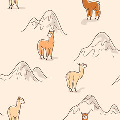 Simple seamless trendy pattern with alpaca and mountain. Contour design print.