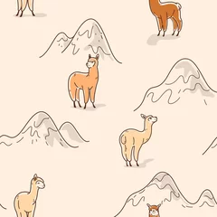 Foto auf Alu-Dibond Simple seamless trendy pattern with alpaca and mountain. Contour design print. © Lili Kudrili