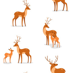 Simple seamless trendy animal pattern with fawn and deer. Cartoon illustration.