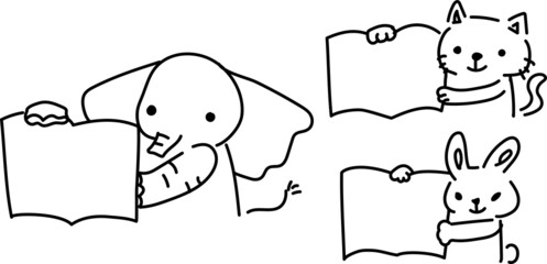 本を読み聞かせる動物達のイラストモノクロ