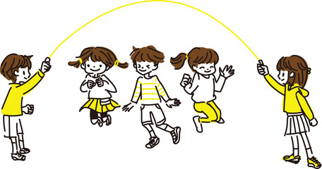 大縄跳びをする子供達のイラスト - obrazy, fototapety, plakaty