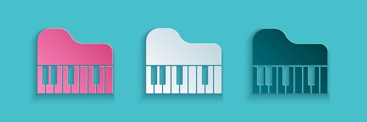 Paper cut Grand piano icon isolated on blue background. Musical instrument. Paper art style. Vector © Vadim
