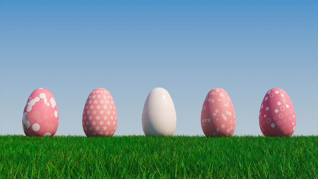 Easter Eggs on a grass lawn, with a clear blue sky. Beautiful Pink Eggs with Circle, Ring, Floral and Polka Dot patterns. 3D Render