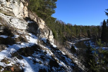 picturesque landscape of early spring on the river on a sunny day. Snow melting, nature awakening