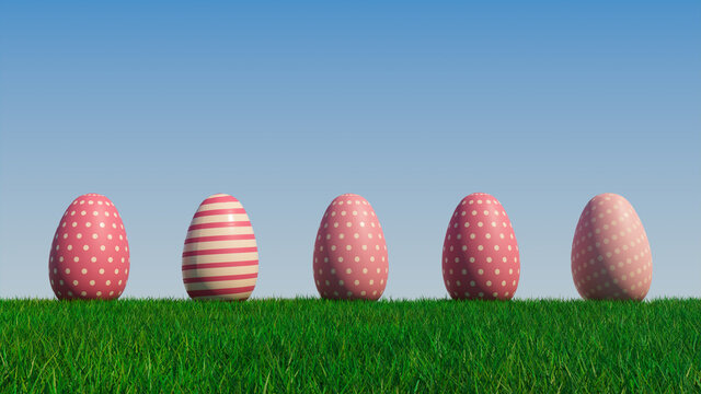 Easter Eggs on a grass lawn, with a clear blue sky. Beautiful Pink Eggs with Polka Dot and Striped patterns. 3D Render
