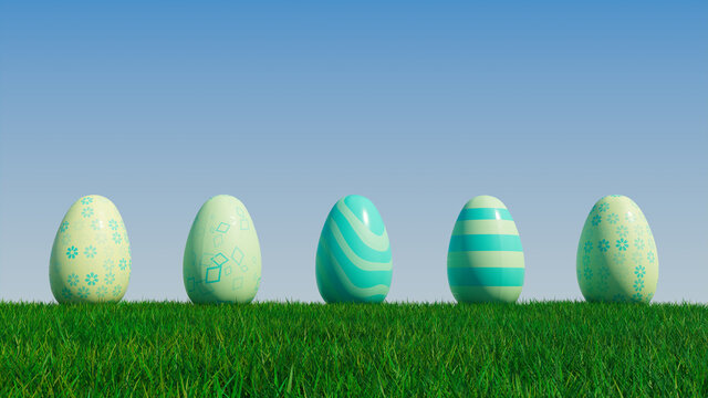 Easter Eggs on a grass lawn, with a clear blue sky. Beautiful Green, and Aqua Eggs with Striped, Diamond and Floral patterns. 3D Render