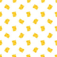 Cheese seamless pattern. Pieces of yellow cheese, isolated on a white background. Pieces of cheese of various shapes. Vector flat illustration