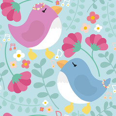 Seamless pattern with cute birds and flowers for a springtime feel.