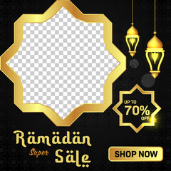 Ramadan sale social media post template banner, gold lantern, with space photo. 70% off. marketing concept. Suitable for social media post and web internet ads. Editable vector illustration.