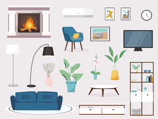 Modern living room interior. Vector banner. Large detailed interior set. Cozy living room. Flat vector illustration