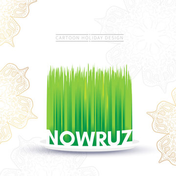 Nowruz holiday greeting card. Novruz bayram in Azerbaijan. Green grass semeni on white background.