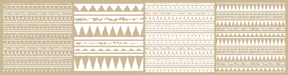 Set of Monochrome vector pastel beige white abstract geometric seamless border tribal pattern. Illustration contains graphic lines, dots, triangles. Horizontal and stripes for textiles or wallpaper.