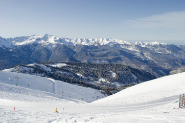 Fototapeta na wymiar View from the top of the Caucasus mountains in the ski resort Rosa Khutor Russia
