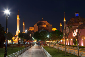 Fototapeta na wymiar View of Saint Sophia сathedral, now the Hagia Sophia Grand Mosque at night, Istanbul, Turkey