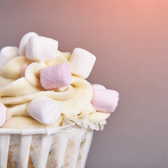 Milky cream cupcake. Birthday sweet bakery. Cookies. Yummy buttercream dessert. Wedding party food. Grey background. Holiday recipe. Anniversary gourmet. One pieces. Marshmallow
