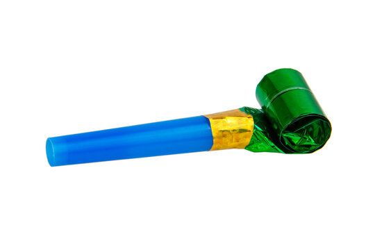 Carnival bright blue green color festive noisemaker or party whistle horn isolated on the white background