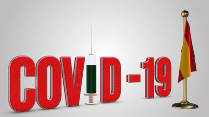 Spain vaccination campaign and Covid-19 3D illustration.