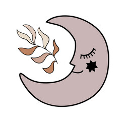 Cute sleeping crescent moon with face, boho style child tattoo, child vintage design. Element for nursery, magic sticker. Vector illustration isolated on white background.