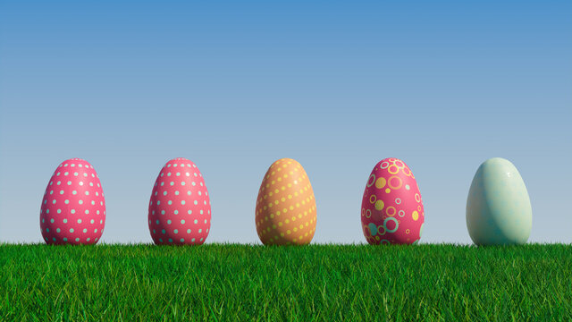 Easter Eggs on a grass lawn, with a clear blue sky. Beautiful Orange, and Red Eggs with Polka Dot, and Spotted patterns. 3D Render