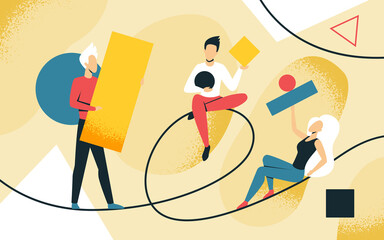 Creative problem solving concept vector illustration. Cartoon man woman characters holding abstract shapes, figures and forms, create solution for business problem task, people teamwork background
