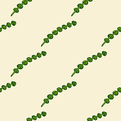 Minimalistic style seamless pattern with hand drawn green seaweed silhouettes ornament. Light background.