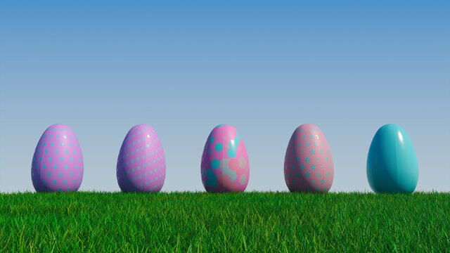 Easter Eggs on a grass lawn, with a clear blue sky. Beautiful Pink and Purple Eggs with Polka Dot, Spotted and Floral patterns. 3D Render