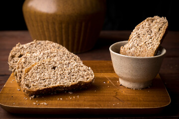 Multigrain bread slices and oil.