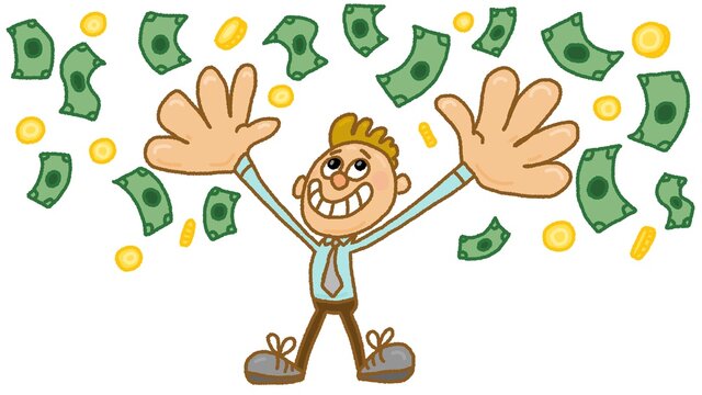 A funny drawing with a businessman on whom money is falling