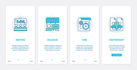 Business education, partners communication, time management technology vector illustration. UX, UI onboarding mobile app page screen set with line dialogue work, manager teamwork study, partnership