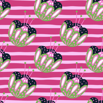 Traditional seamless pattern with doodle dolk flowers bud elements print. Pink striped background.