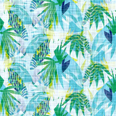Fototapeta na wymiar Exotic tropical paradise seamless pattern. Colorful creative jungle palm leaf foliage texture. Summer repeat background. Island beach fashion. Bright coastal boho vacation printed cotton textiles. 