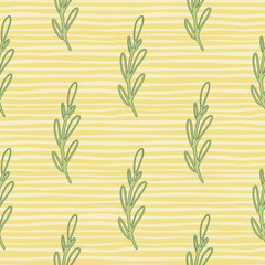 Nature green outline branches ornament seamless pattern in hand drawn style with yellow striped background.