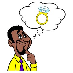 Man thinking about a Wedding Ring - A cartoon illustration of a man thinking about a Wedding Ring.