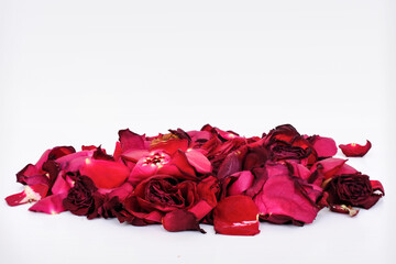 a handful of red rose petals on a white background