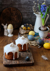Easter cake with Easter colored eggs. Side view. Geocynth.