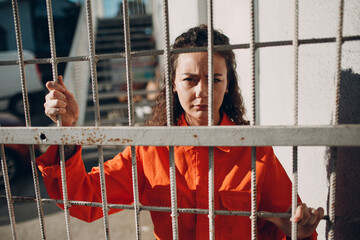 Young woman in orange suit behind jail bars. Female in colorful overalls portrait. Law and justice...