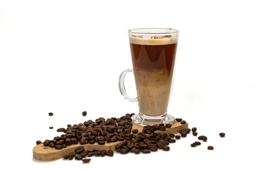 Cappuccino and coffee beans on a white background.