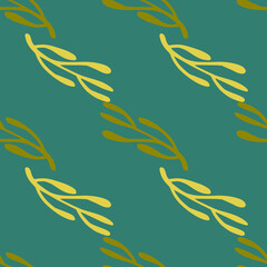 Fototapeta na wymiar Nature seamless pattern in minimalistic style with yellow and green colored branches shapes. Turquoise background.