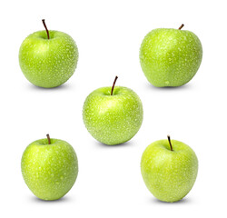 Collection of fresh green apple with water drops isolated on white background