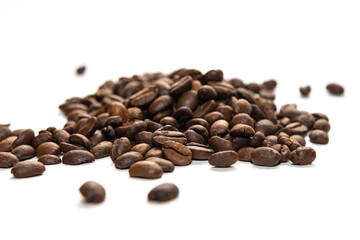 Cappuccino and coffee beans on a white background.