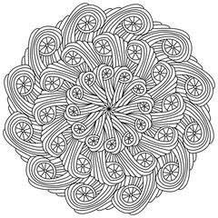 Abstract symmetrical mandala, zen coloring page with simple linear swirls