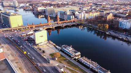 Beautiful Oberbaum Bridge over River Spree in Berlin from above - aerial view - urban photography