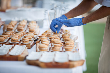 Obraz premium Preparación de catering profesional. Bodas y eventos. Assortment of canapes on wooden board. Banquet service.