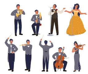 Opera theater singer and musician character set, flat vector illustration. Classical music concert, symphony orchestra. © Siberian Art