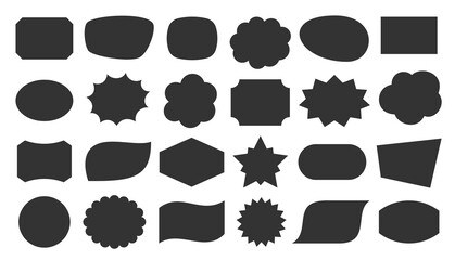 Geometric shapes black silhouette icon set. Outline cartoon abstract blank template for speech bubble, message balloon, text note badge, price tag, paper memory sticker, think cloud frame, web banner