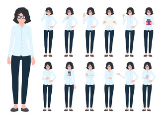 Businesswoman in different poses set. Office female character gestures, emotions in various action