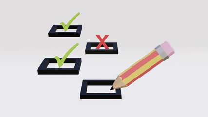 pencil writing on check box with tick or check and cross icon in others check box isolated on white background, wright and wrong decision, feedback and survey concept, 3d rendering illustration