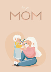 He boy gives his mother flowers for Mother's Day. Vector greeting card for Mother's Day.
